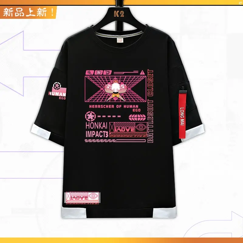 Game Anime Honkai Impact 3 Elysia Cosplay Summer Fake Two Pieces Ribbon Tee Pullover Casual Short Sleeve T-shirt Women Men Tops