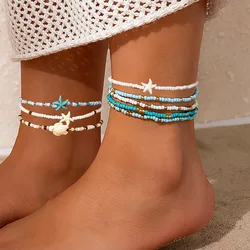 Boho multistrato perline catena stella marina ciondolo cavigliera braccialetto fascino cavigliera sandali piedi nudi spiaggia piede gioielli da sposa J044