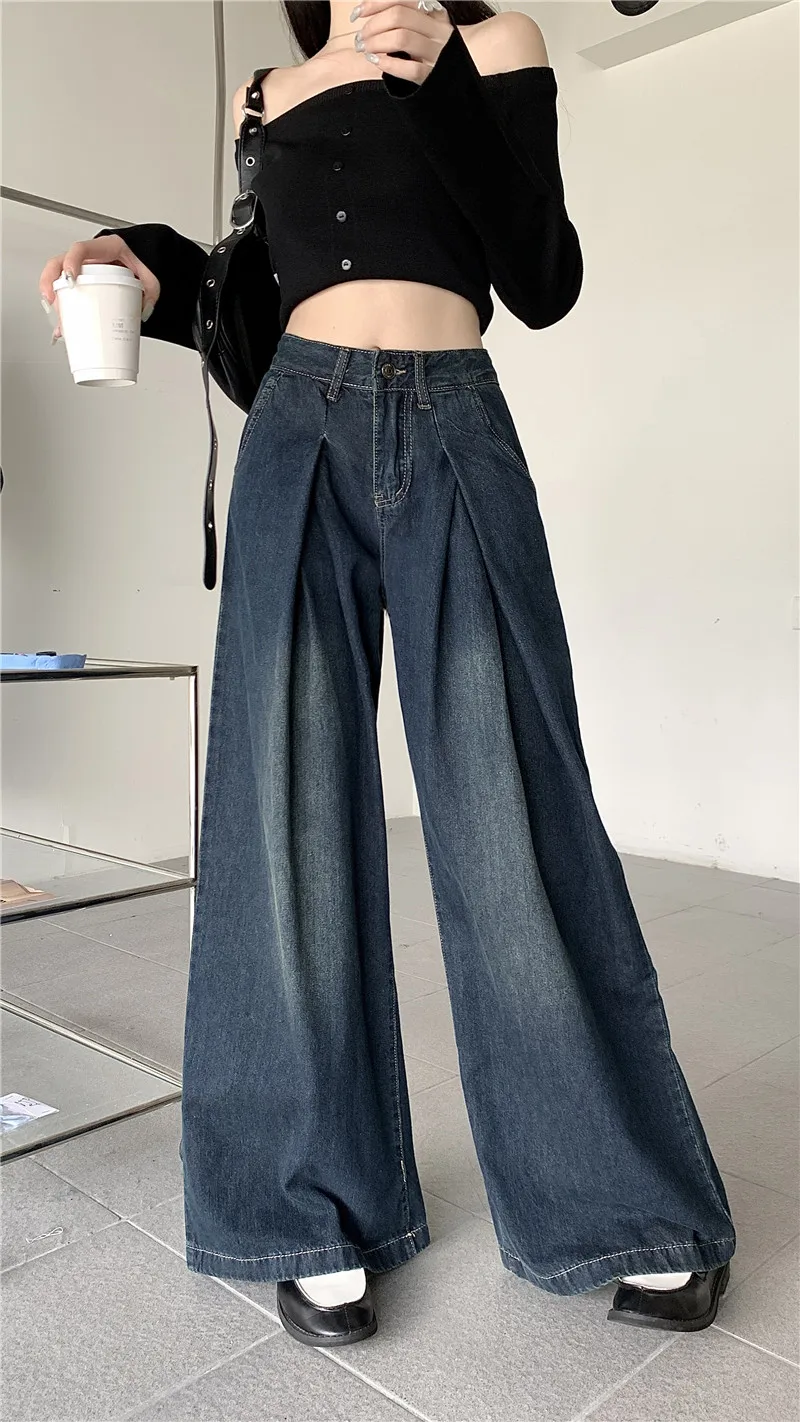 Jeans a gamba larga in Denim lavato per abbigliamento autunnale da donna pantaloni a pieghe Jeans a vita alta pantaloni larghi con mocio