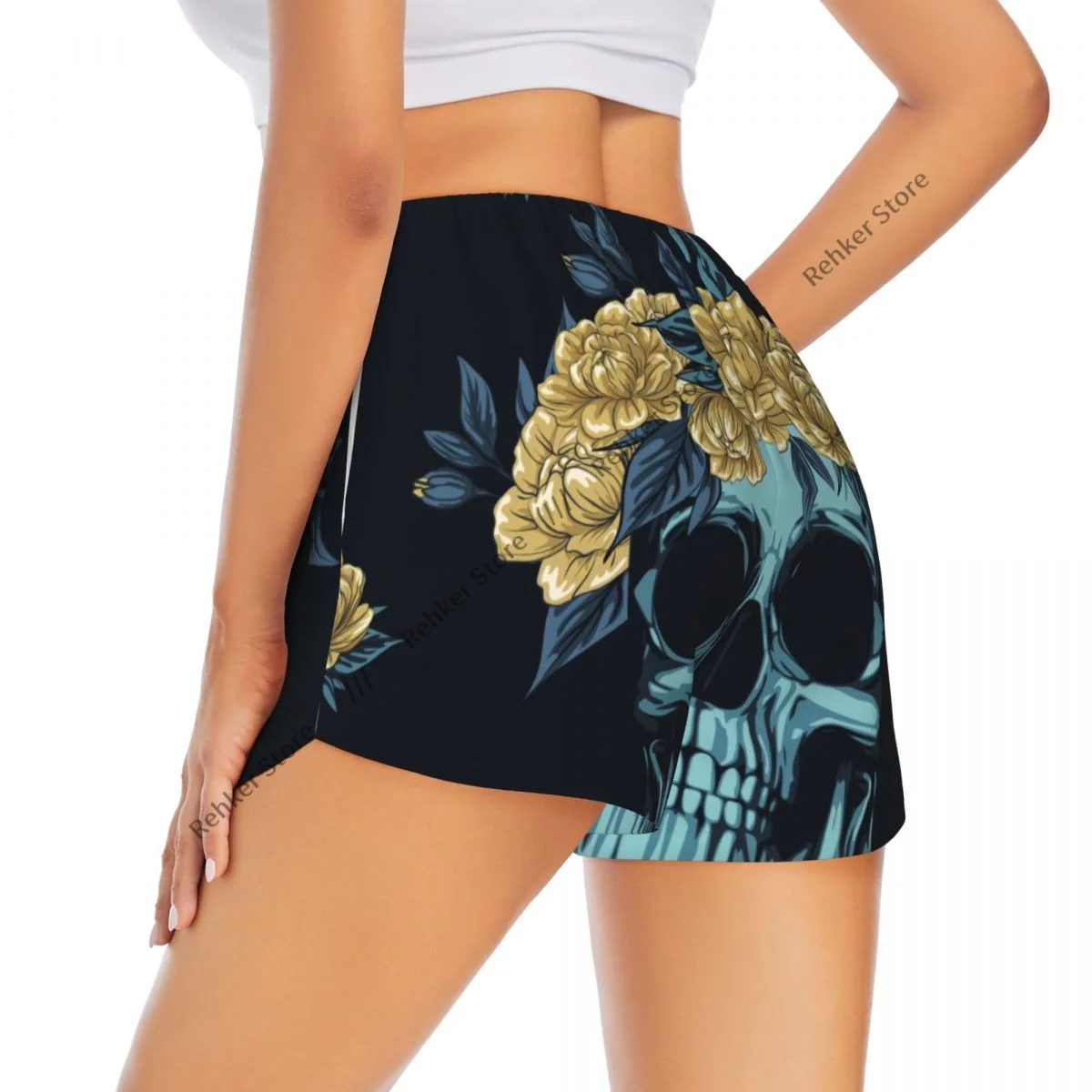 شورت اليوغا للنساء شورت اللياقة البدنية السائق تجريب الجري السراويل الرياضية الجمجمة الورود إكليل التجفيف السريع ملابس رياضية مع جيب