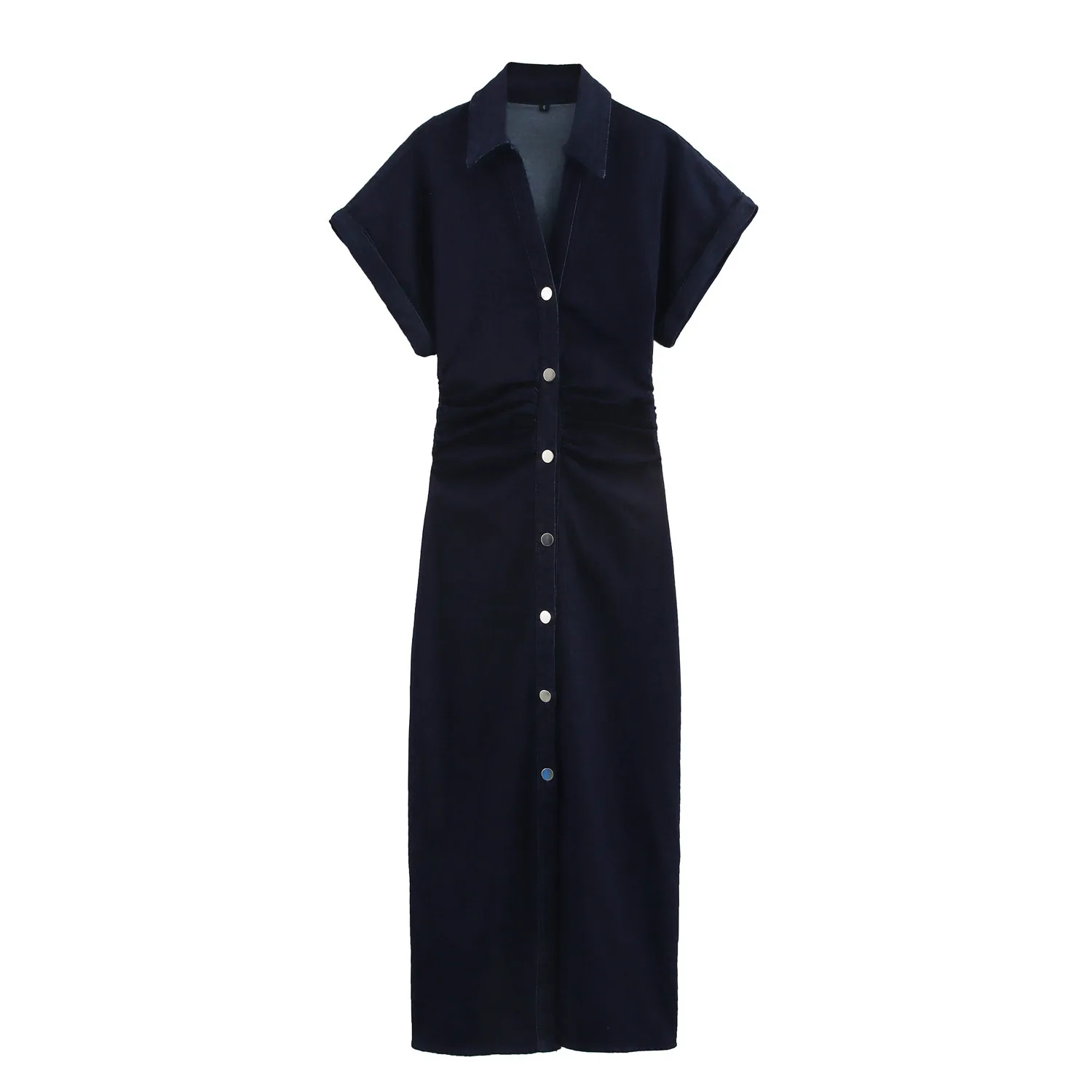 Women's Elegant Midi Dress Navy Blue Denim Midi Dress Short Rolled Sleeves Ruched Waist Button Front Casual For Everyday Z1A1