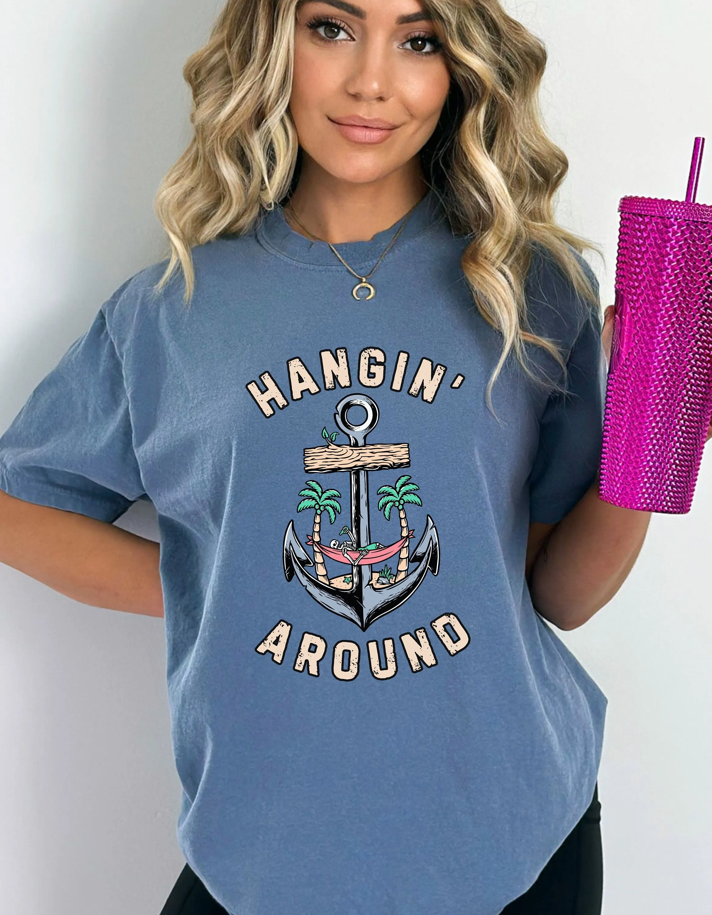 Hangin' Around T Shirt For Her Him Summer Palm Trees Skeleton Beach Anchor Hammock