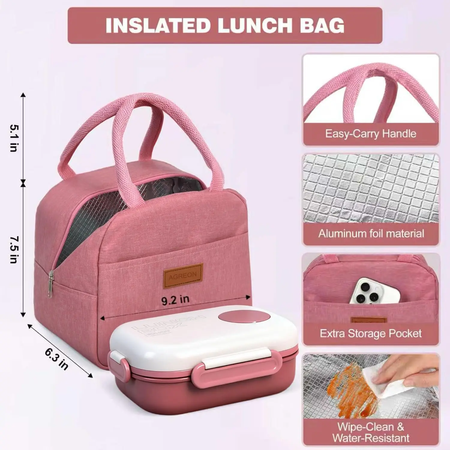 3-Compartment Bento Lunch Box Leak-Proof 37.2oz with Insulated Bag, Utensils & Sauce Container, BPA-Free, Microwave & Dishwasher Safe for School Work Travel - view 6