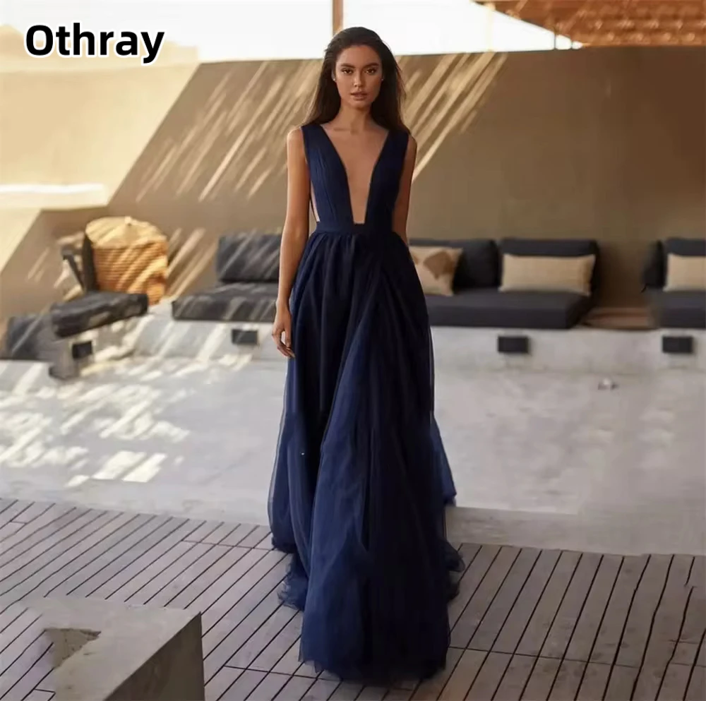 

Othray Sexy Deep V-neck Backless Prom Dresses Tulle Sweep Train Evening Dresses Vestidos De Noche Elegant Lady Party Dresses