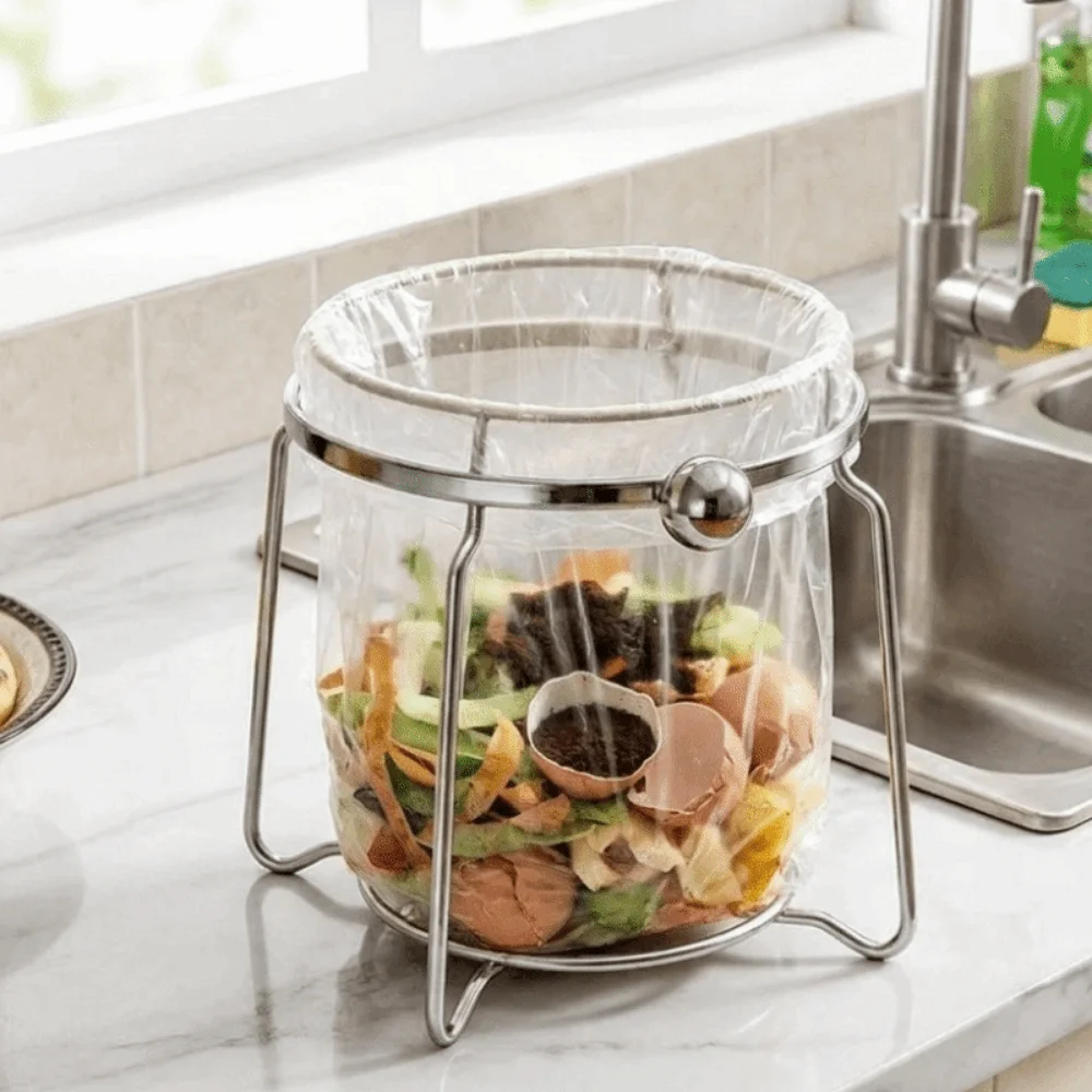 Durable Stainless Steel Trash Bag Holder Rust-proof Wide Opening Trash Bag Support Anti-slip Sink Garbage Organizer Countertop