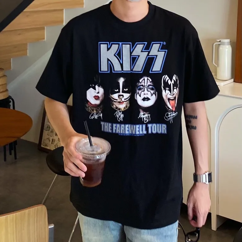 

Винтажная футболка HAP Kiss Band ort Sve, легкая летняя повседневная футболка свободного кроя с мультяшным принтом и подписью головы