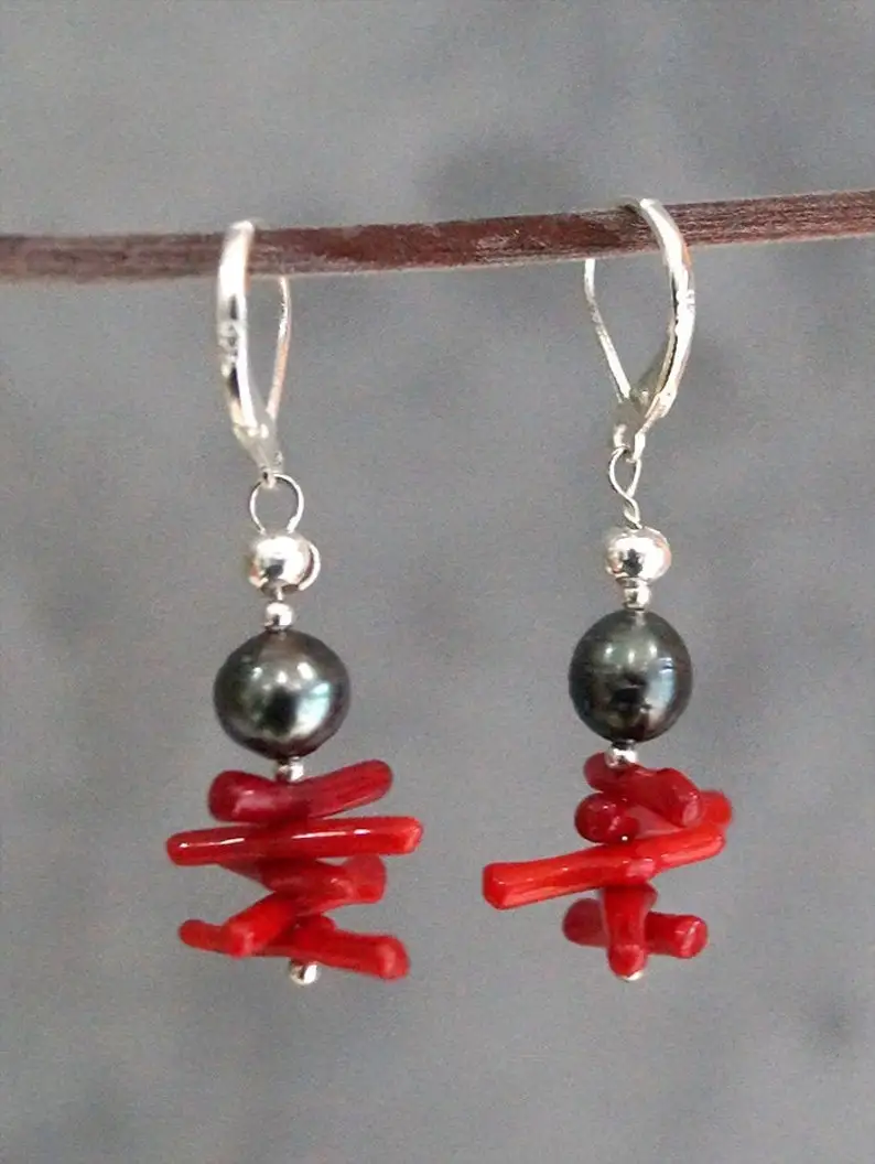 Tahit perle, coral branche, sterling silver 925 woman earrings