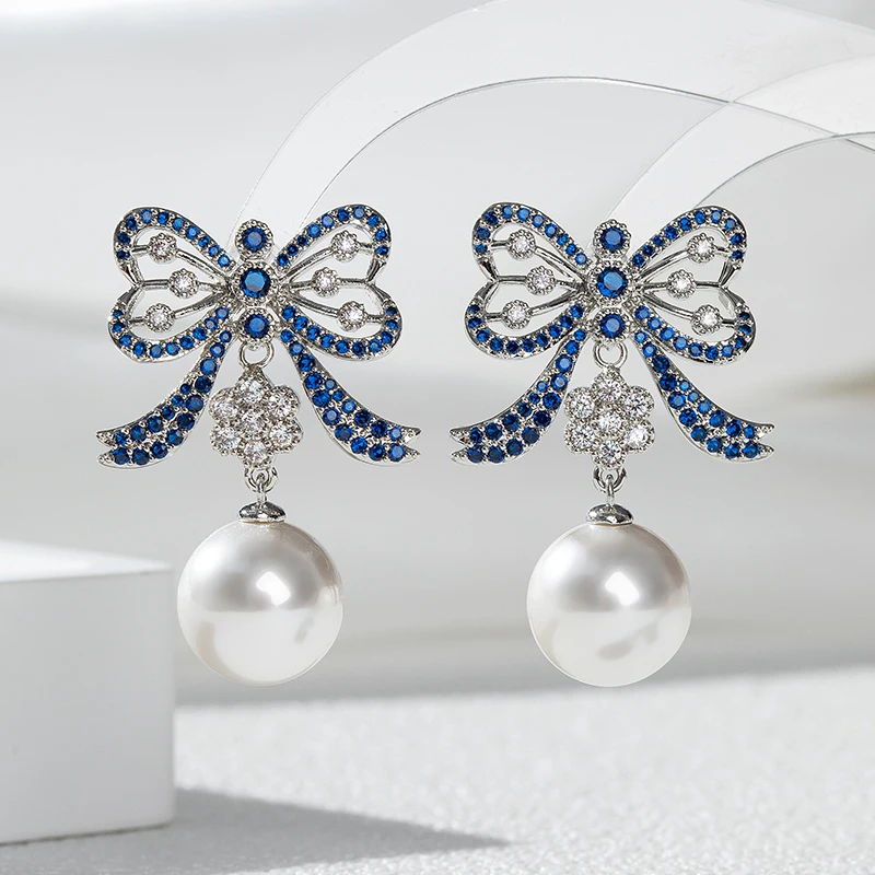

SENYU Beautiful Bowknot Pearl Drop Earring for Wedding Pave AAA Cubic Zirconia Gold Silver Plated Bride Jewelry