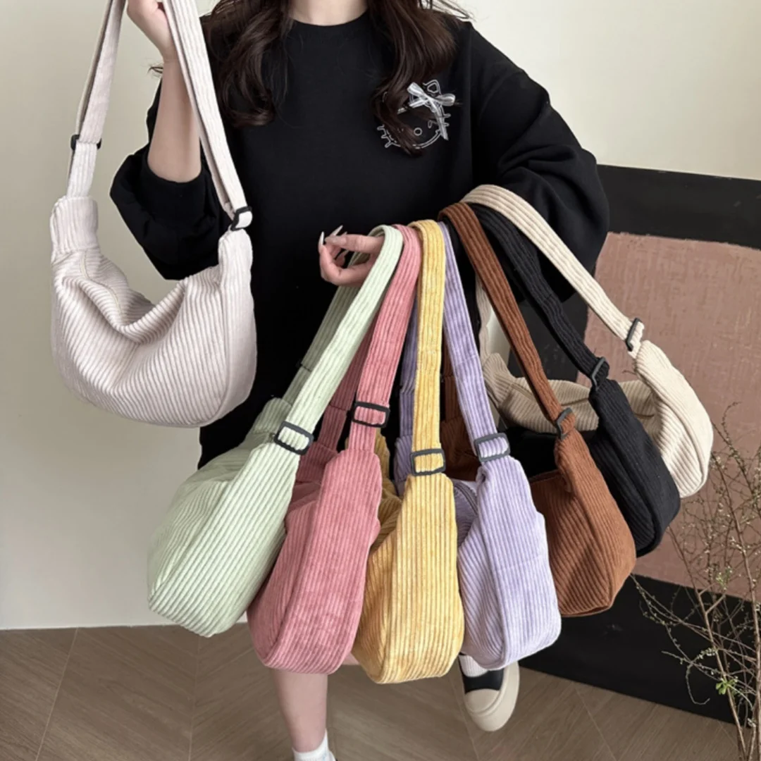 Casual Light Corduroy Hobos Shoulder Bags for Women Simple Solid Color Ladies Crossbody Bag Fashion Female Travel Handbags Tote