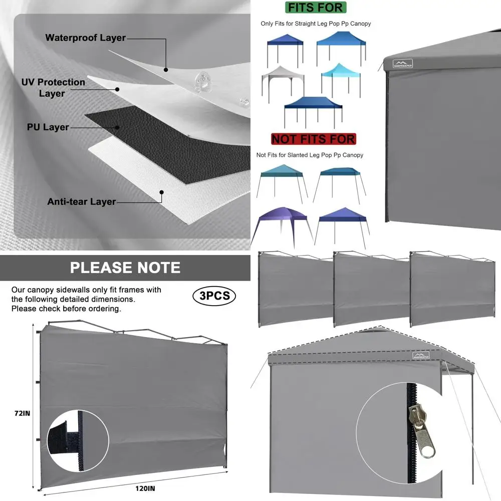 

10x10 Canopy Tent Zippered Sidewalls, 3-Pack Dark Grey, UPF50+ Water-Resistant Sunwalls