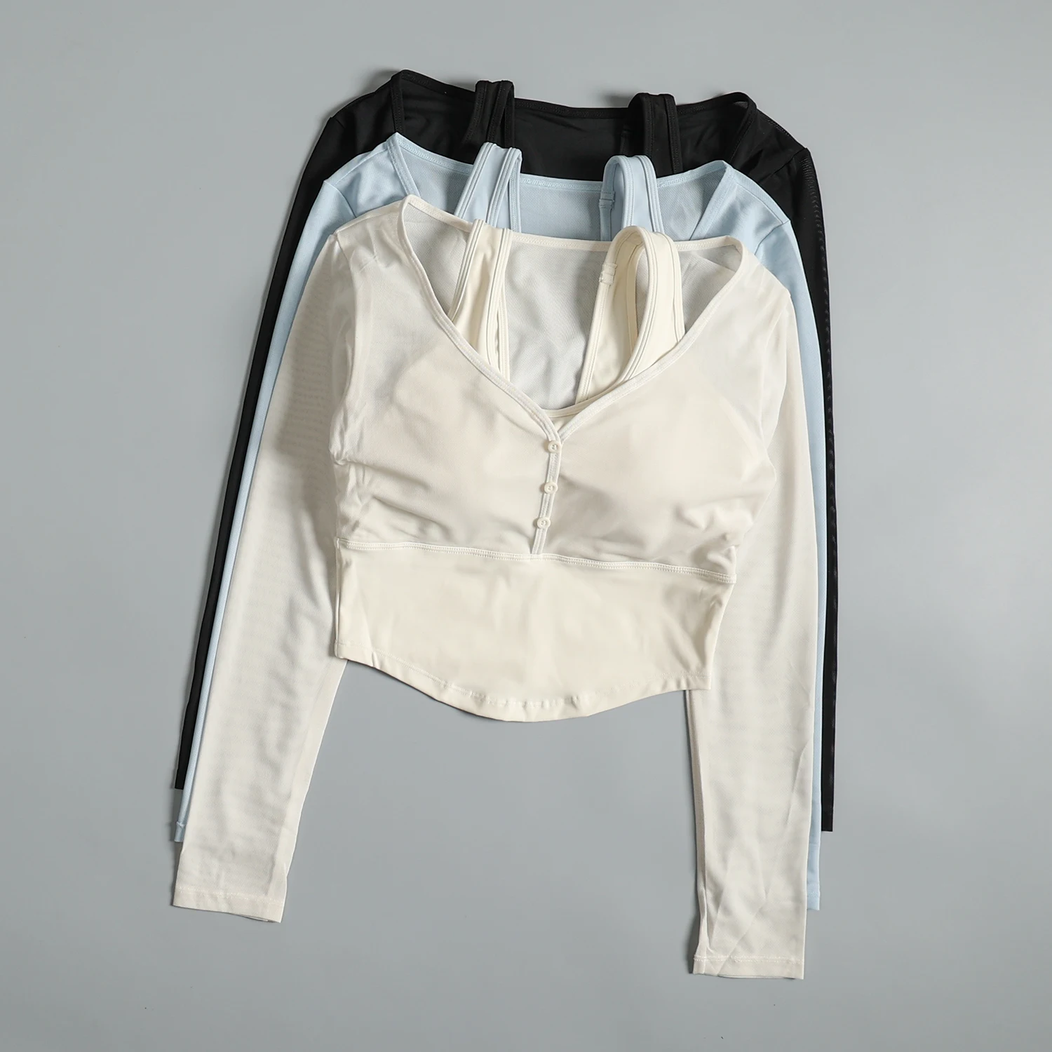 

Fake two-piece yoga wear long-sleeved women's autumn and winter sexy mesh sports fitness wear with chest pad running