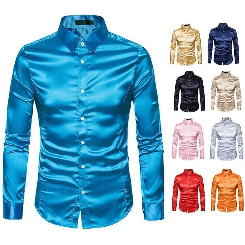 

Men's Long Shiny Top Shirt Smooth Surface Easy Care Long Sleeve Pure Color Inner Wear Casual Shirt for Summer Season