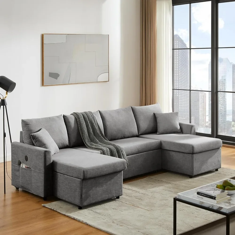 

Convertible Sofa with Dual USB-C Charging Removable&Washable Reversible Chaise with Storage & Pockets U Shaped Sectional Couch