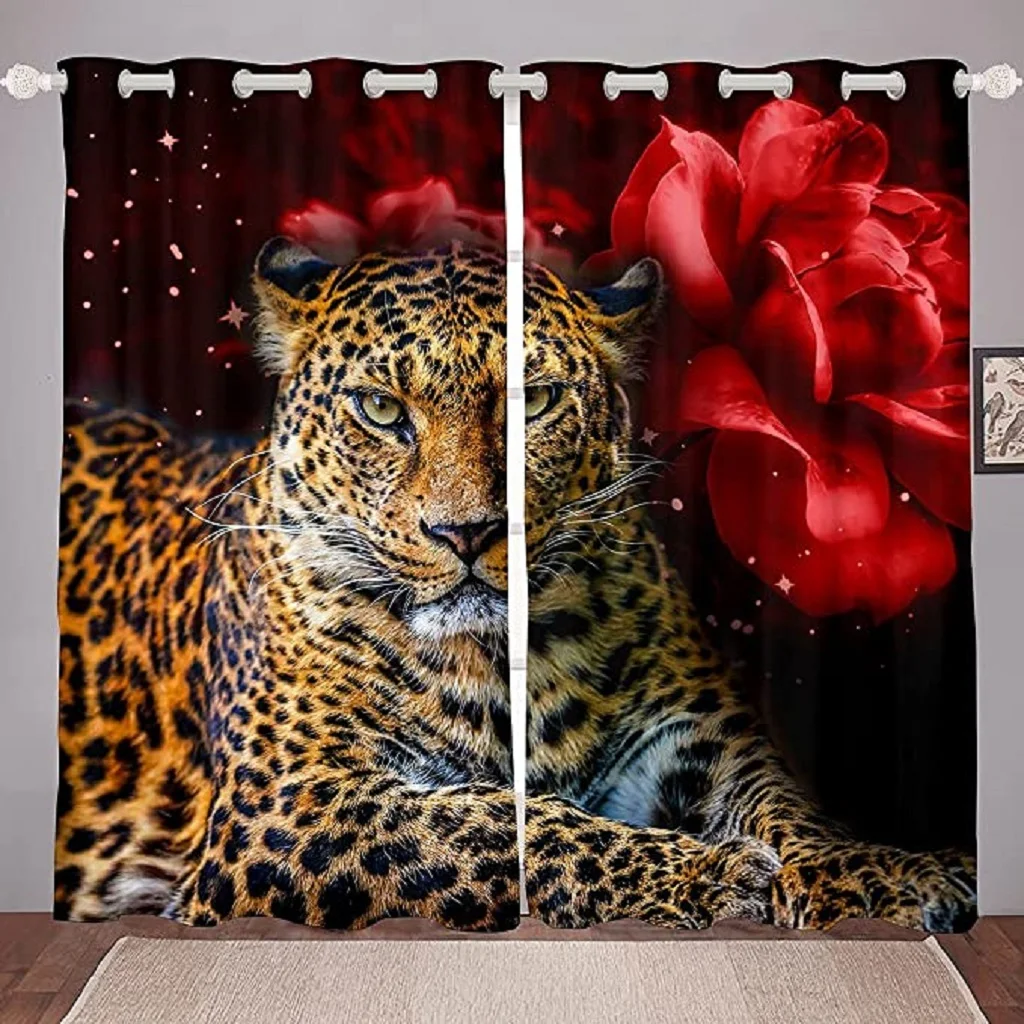 

Cheetah Leopard Print Curtains, Romantic Red Flowers Window Treatment, 3D Animal Cat Curtain, Modern Floral Bedroom Decor