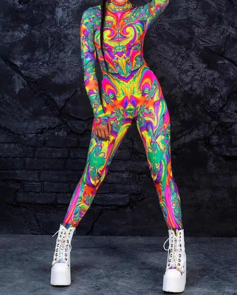Bunter 3D-Druck Damen Party Cyberpunk Regenbogen Jumpsuit Onesie Halloween Cosplay Kostüm Elastischer Bodysuit Romper – Detail 4