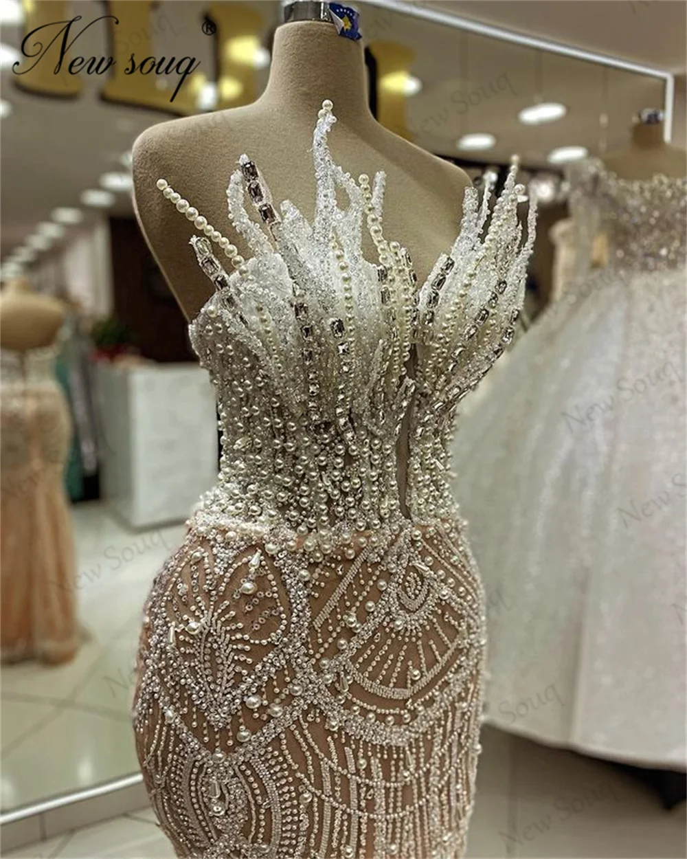 Sparkly Dubai Beading Prom Dresses Haute Coutures Pearls Celebrity Dress Performance Party Dance Gowns Mermaid Evening Dress