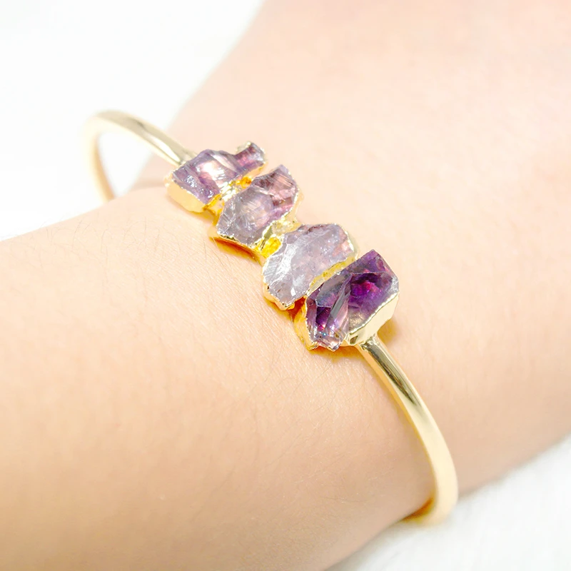 Irregular Amethyst Open Cuff Bracelet for Women Girls Gold Color Handmade Purple Crystal Stone Bangle