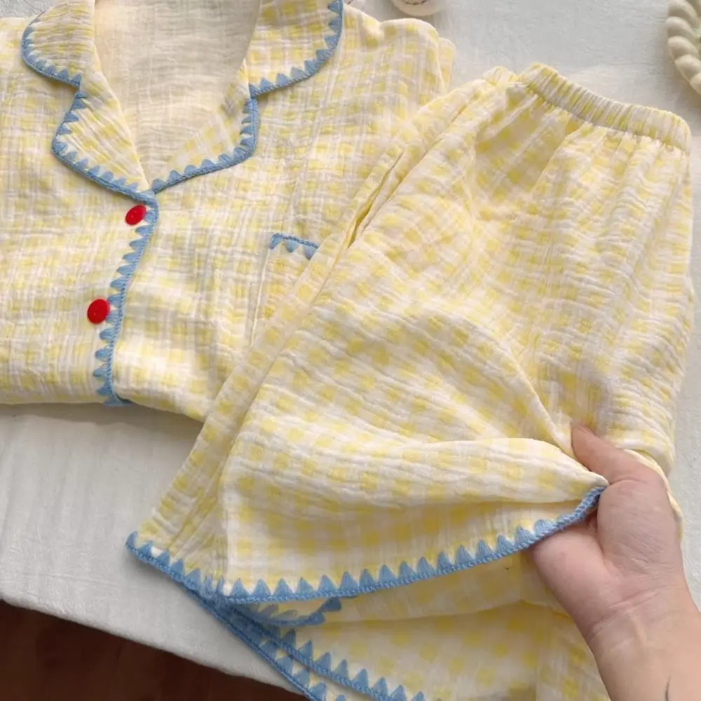 

Удобный милый клетчатый пижамный комплект, свободные сетчатые пижамы с короткими рукавами, домашняя одежда, летняя тонкая ночная рубашка из 2 предметов, летняя одежда