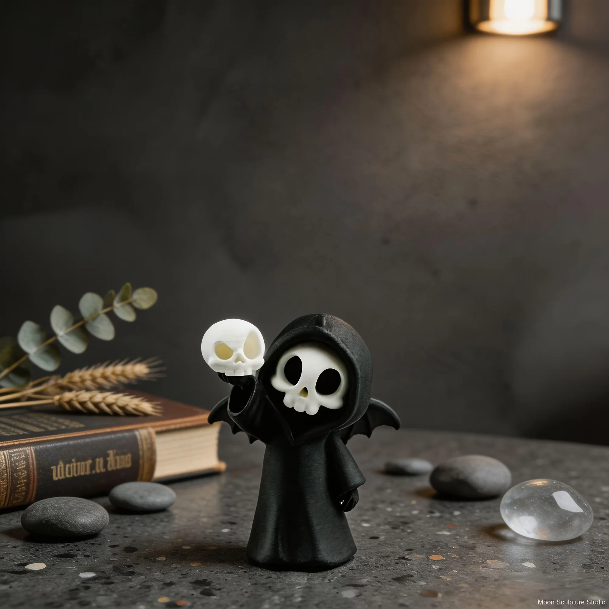 Mini Grim Reaper Resin Figure with Wings, Kawaii Skeleton Statue Holding Skull, Gothic Desktop Ornament for Halloween Party view 5