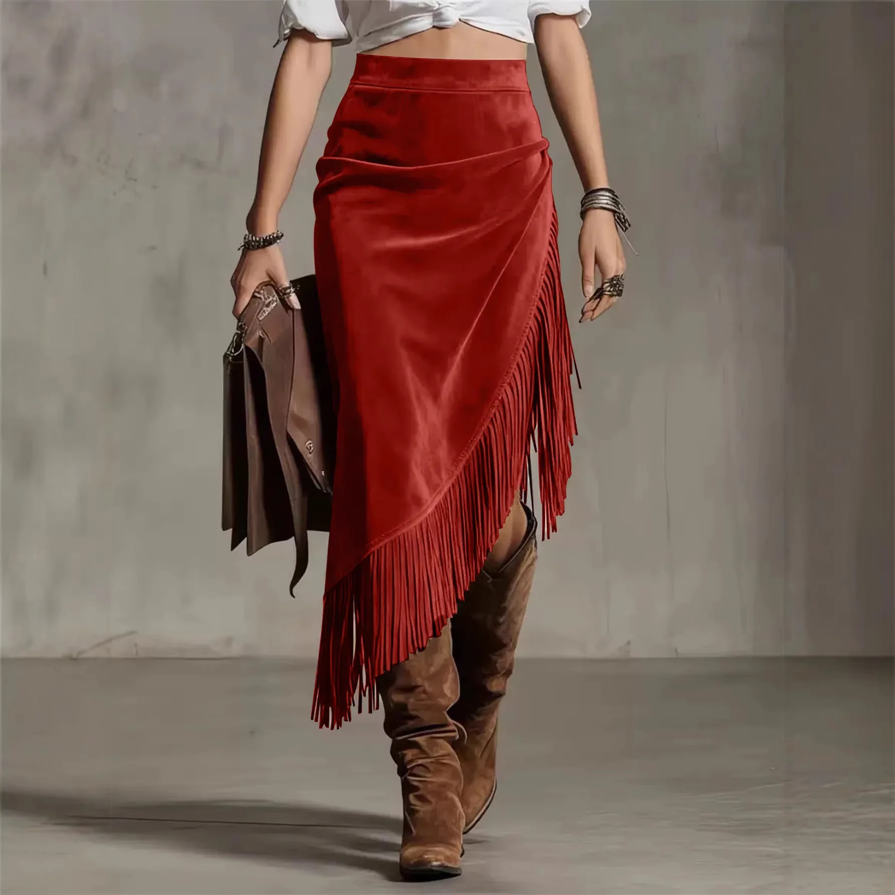 Europäischer und Amerikanischer Retro-Stil Einfarbiger Quasten-Midirock mit Hoher Taille und Asymmetrischem Saum aus Wildleder – Detail 3