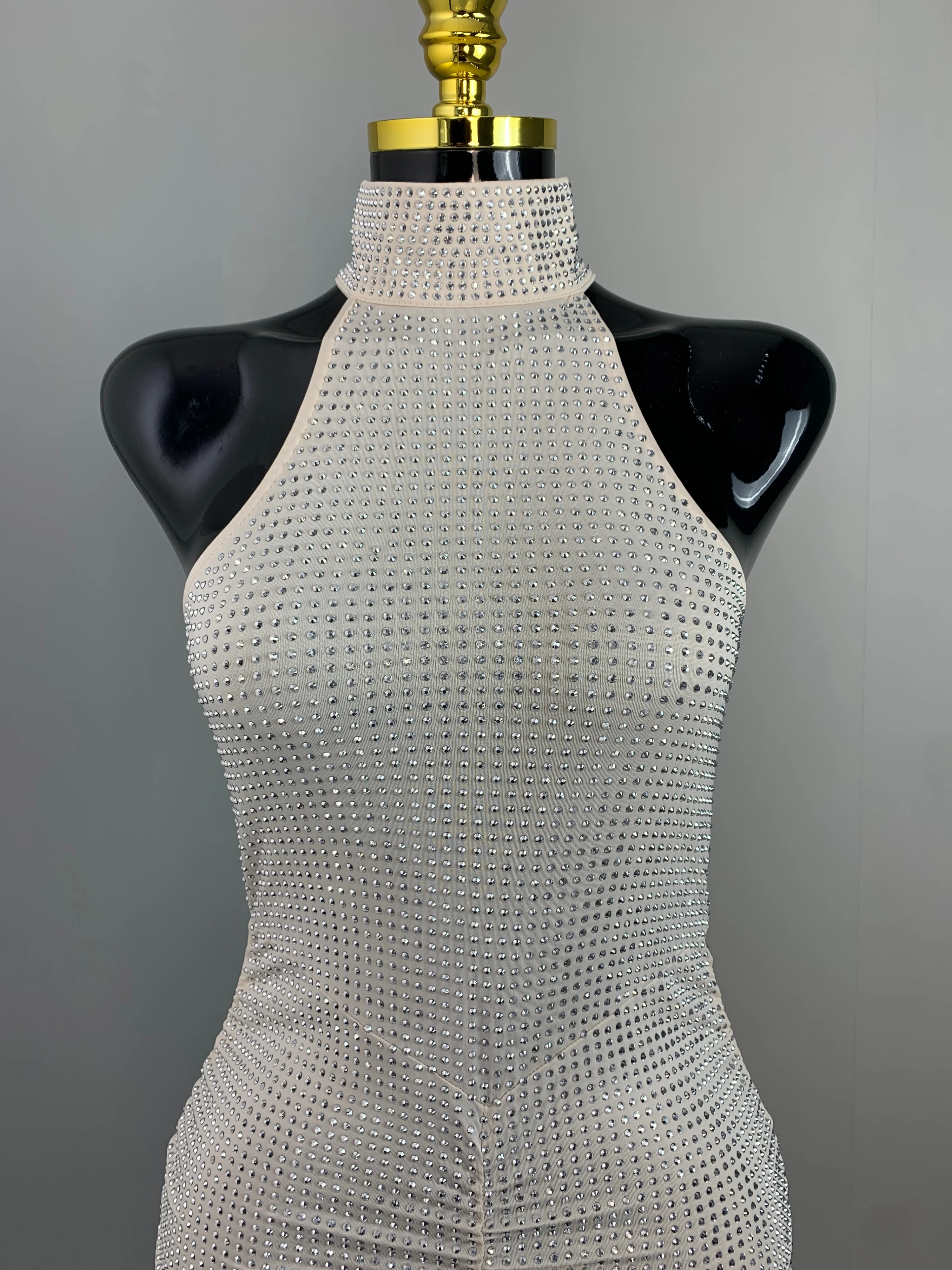 Women Sexy Halter Backless Diamonds Shirring Long Bodycon Gowns Dress 2024 Celebrity Luxury Elegant Evening Club Party Dress