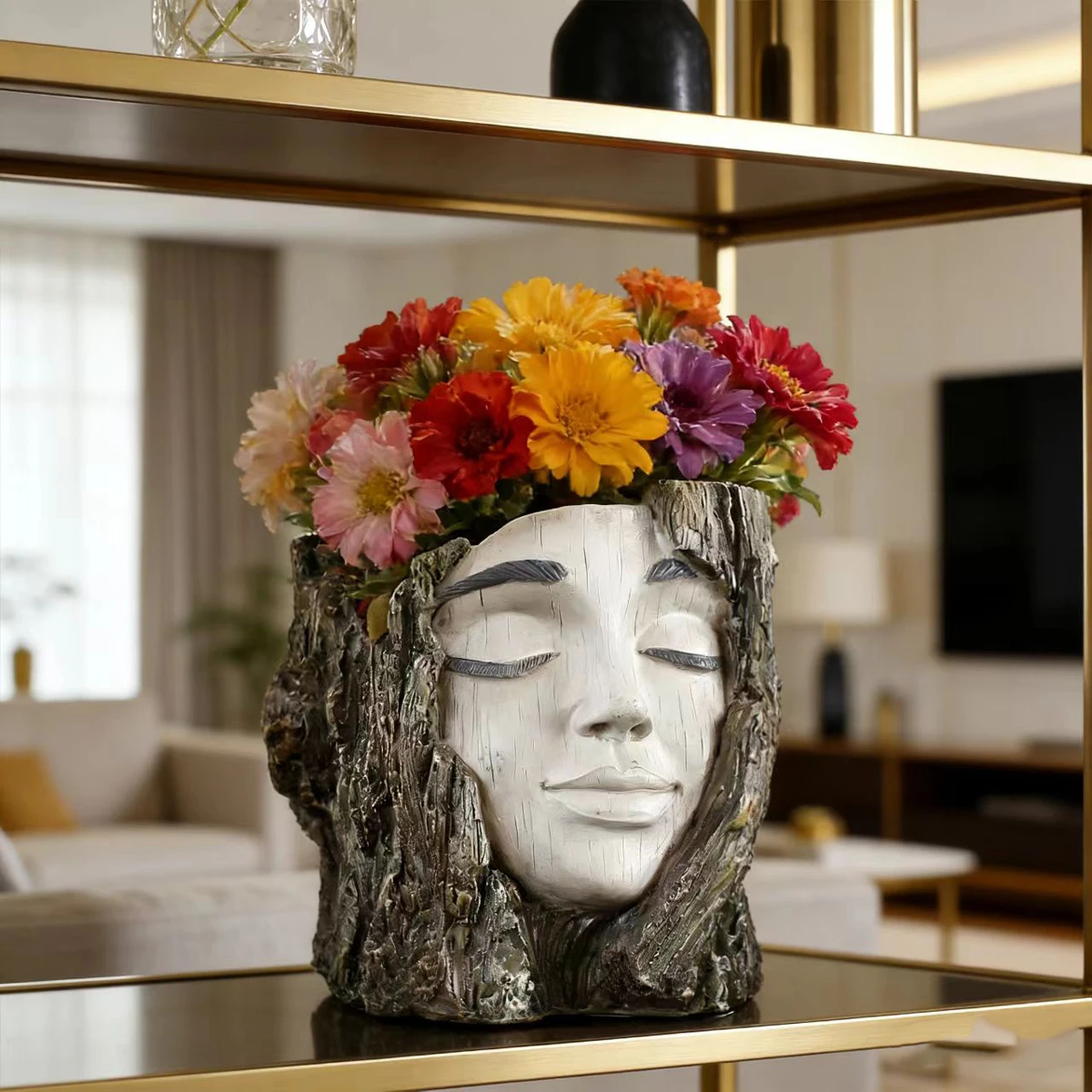 1 piece of bark facial flower pot, fun courtyard decoration flower pot, imitation woodcut flower pot ornament, resin handicraft