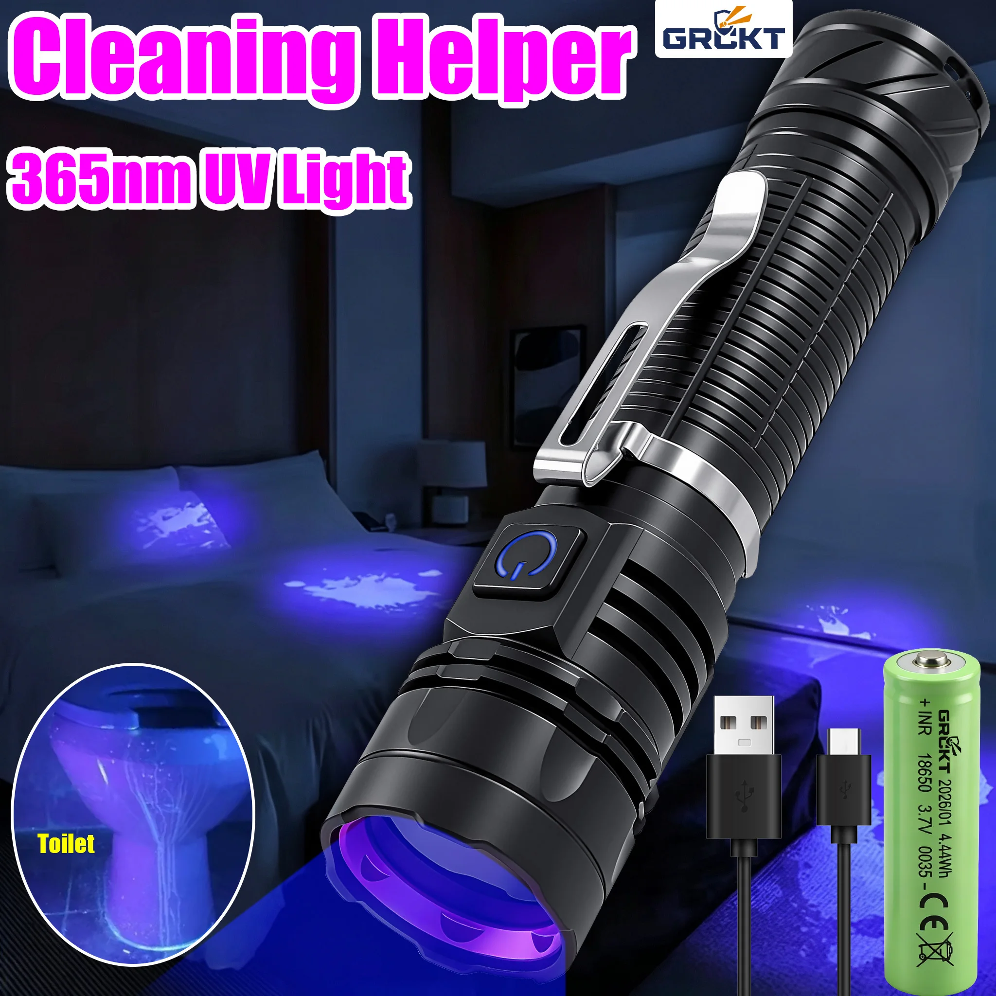 2PCS House Bed Stains Detector Lamp 365nm UV LED Flashlight Type-C Rechargeable Pet Cat Dog Urine Scorpion Detection Torch Light