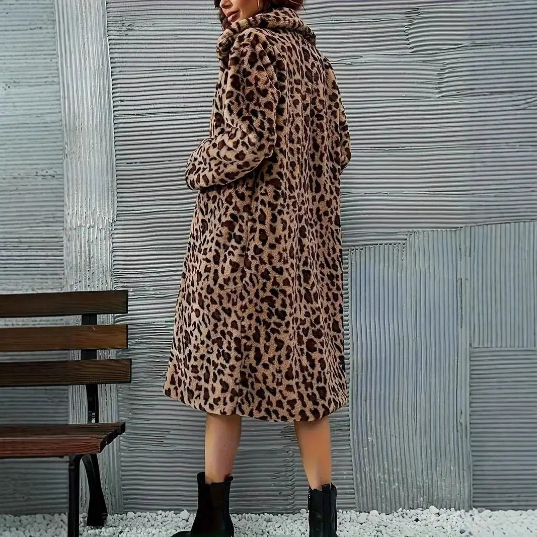 Elegant Fashion Loose Casual Long Coat Jacket Leopard Print Outerwear for Women Handmade Sewing Medium Thickness Autumn Wear