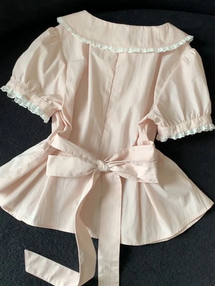 Summer Sweet Pink Shirt Women Lace Patchwork Cute Peter Pan Collar Blouse Fashion Slim Short Sleeve Kawaii Back Lace Up Chic Top