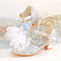 New Flowers Girls High Heels Bright Diamond Bowknot Children's Soft Soled Dance Shoe Princess Crystal Wedding Shoes Kids Sandals