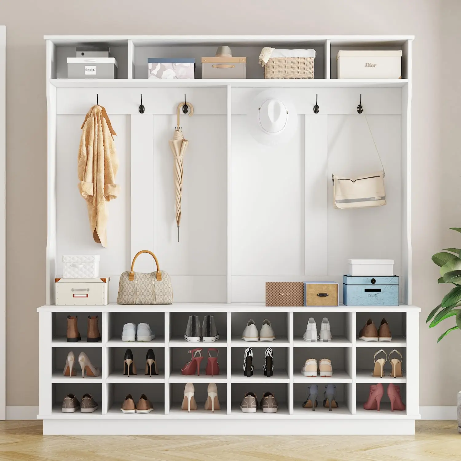 Extra Large Hall Tree with Bench and Shoe Storage, Multi-Purpose Entryway Bench with Coat Rack, Adjustable Shelves,Customized