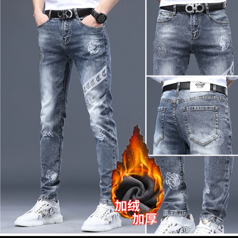 Men Fleece Jeans for Winter New Plush Thickened Denim Pants Slim Fit Straight Printed Skinny Warm Work Casual Hip Hop Long Pants