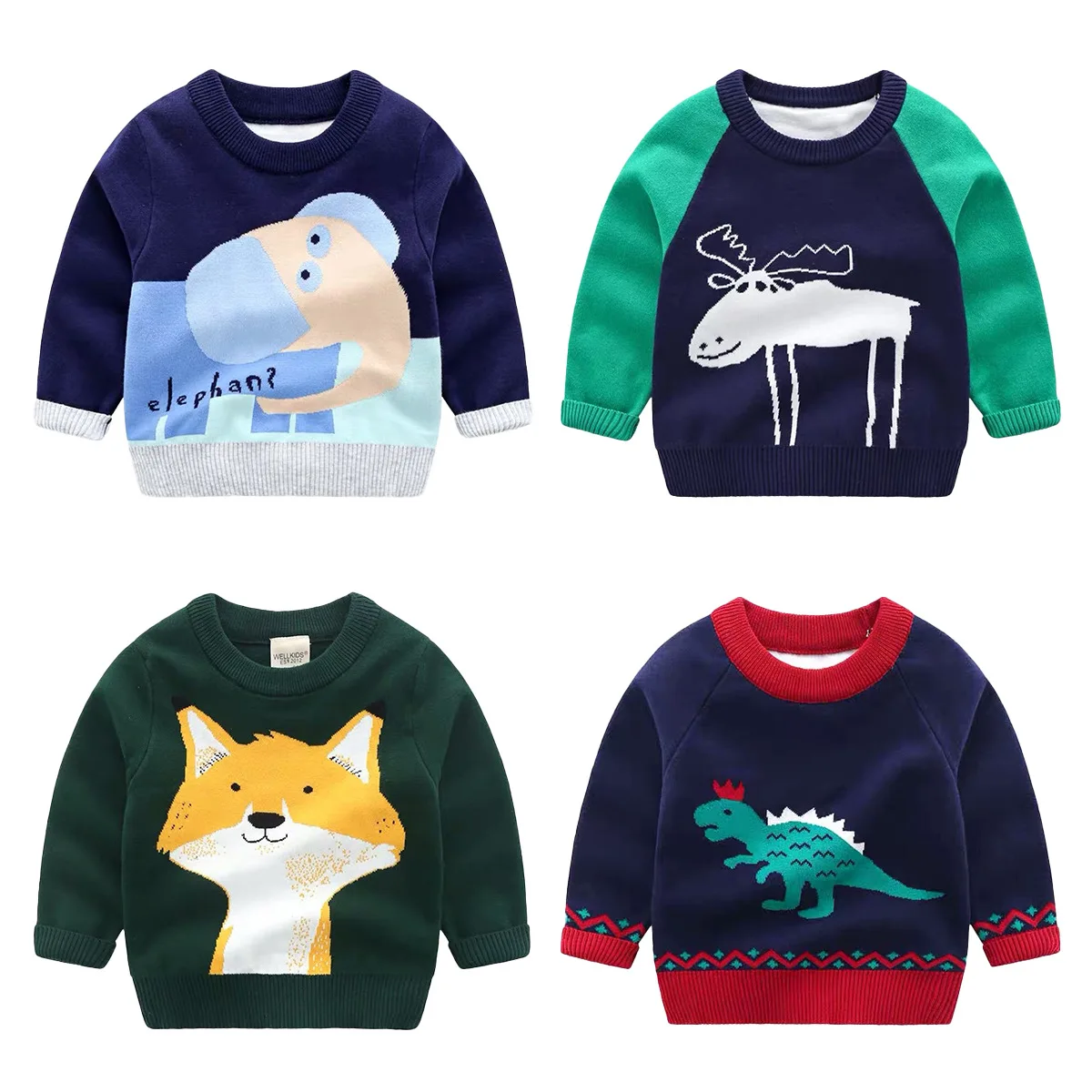 2024 Spring Autumn Boys' Color-Blocked Printed Cartoon Knit Sweater, Casual Round Neck Pullover Knitwear for Kids, Ages 2-7