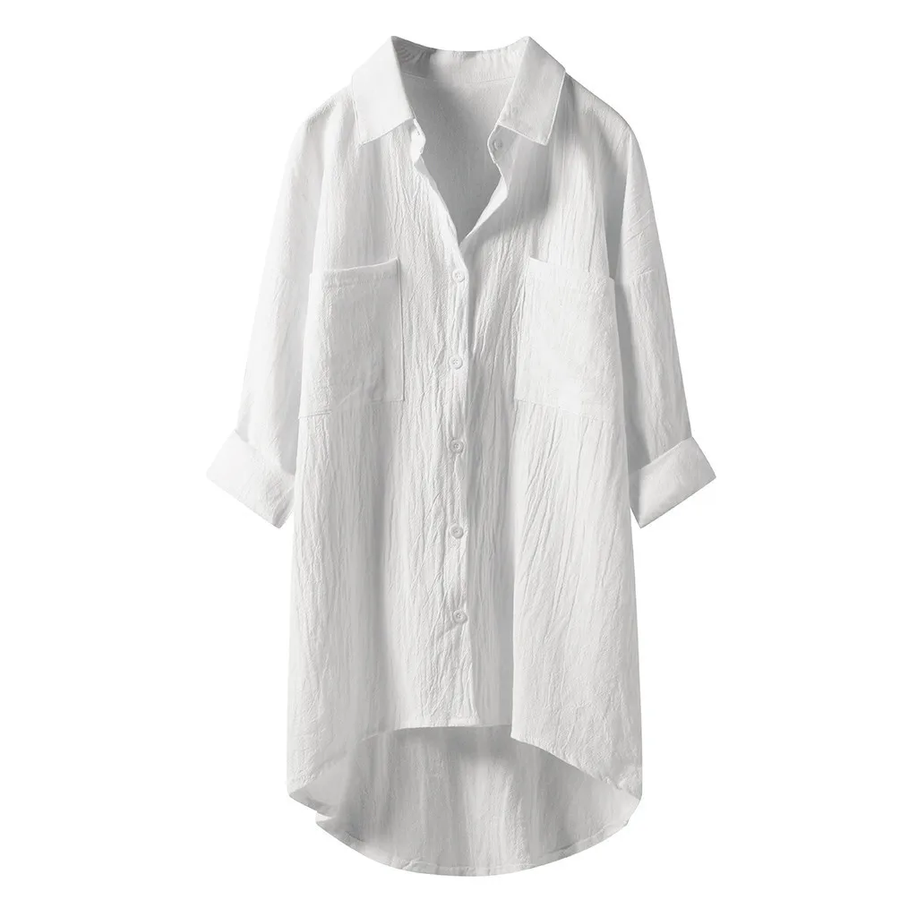 Chemise décontractée en lin de couleur Pure pour femmes, manches longues avec Double poches, nouvelle collection printemps et automne