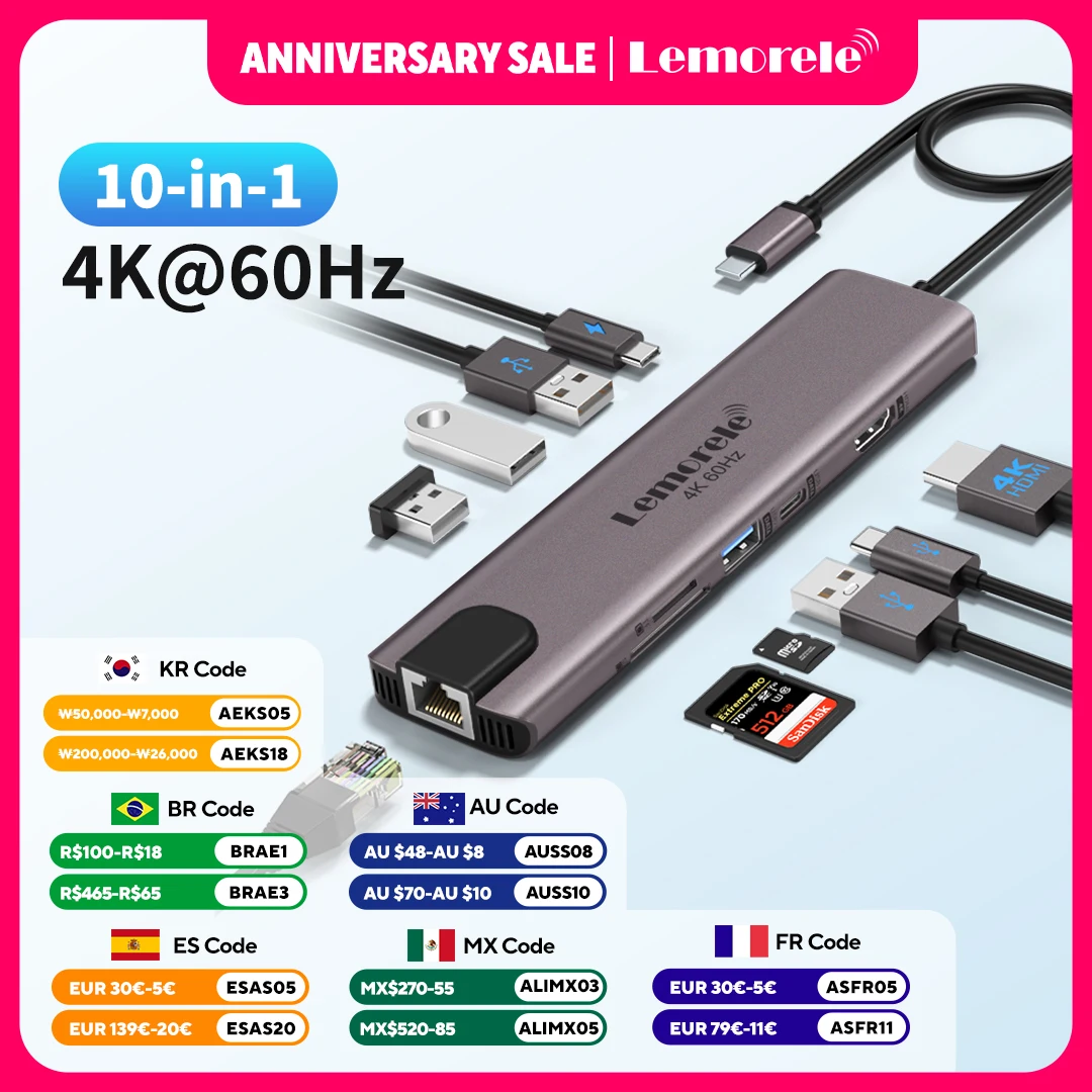 

Lemorele 10 in 1 USB C HUB Docking Station Type C Adapter 4K@60Hz HDMI 100W PD RJ45 1000Mbps Ethernet SD/TF Slot for Mac Laptop