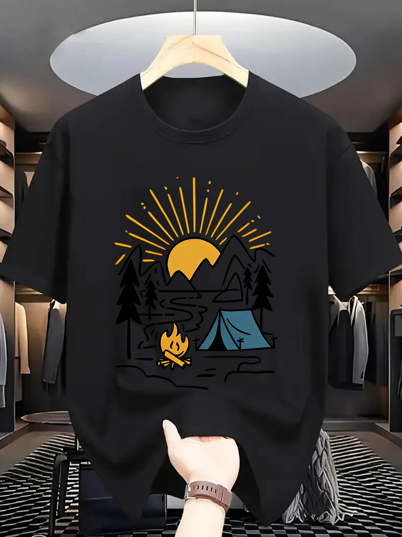Mountain Camping Scene Mens Crew Neck T Shirt Tent Campfire Sun Forest Graphic Short Sleeve Tee Casual Male Street Tops