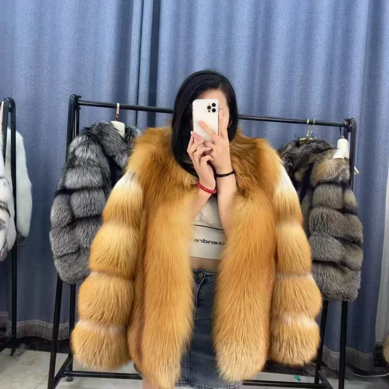 

2024 New Fur Women Winter Coat Real Natural Red Fox Whole Skin Fur Clothing Winter Thick Soft Warm Fox Fur Jacket