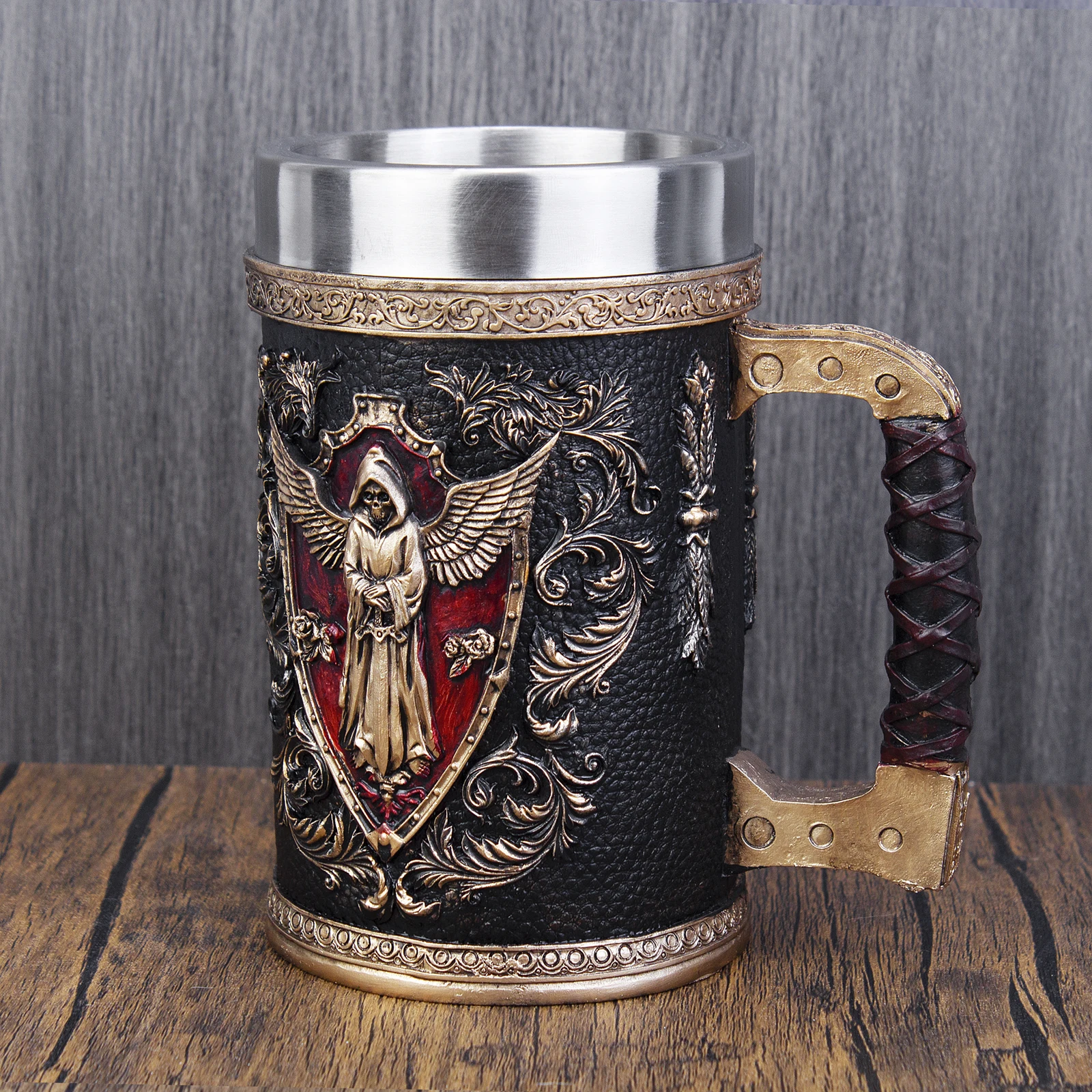 Imitation Bronze Mug Tankard Stainless Steel Resin Medieval Retro Wing Sword Shield Death Grim Reaper Leather Beer Stein 600ml