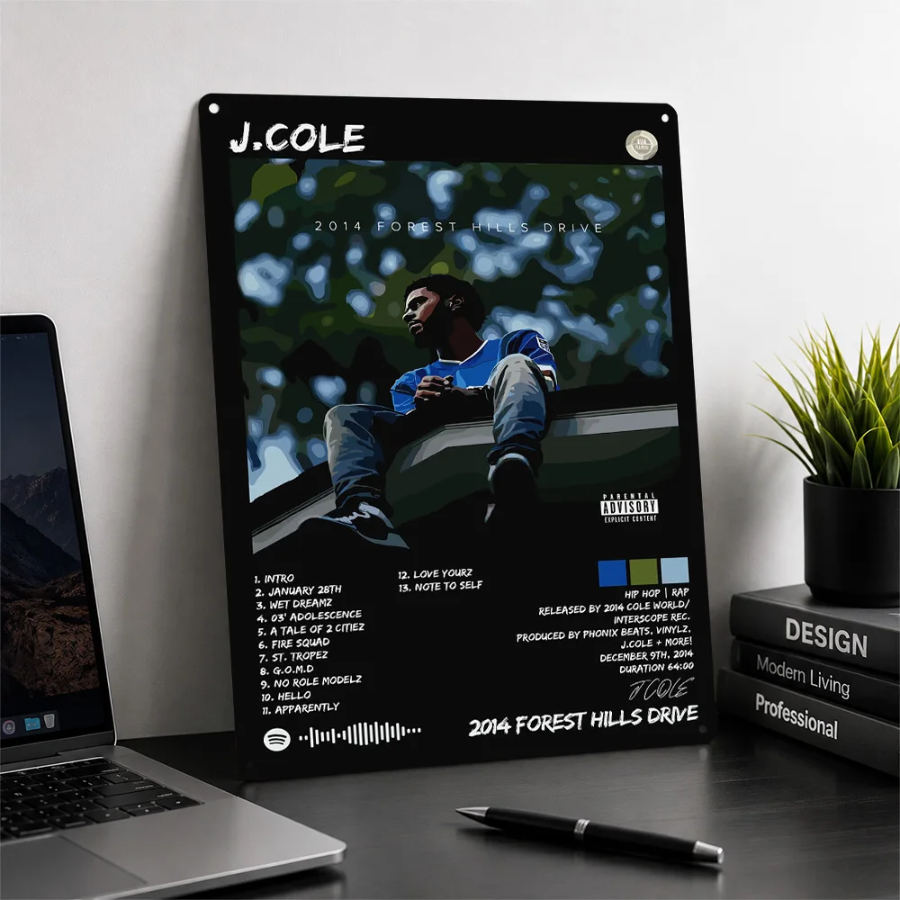 J Cole 2014 Forest Hills Drive 3D Texture Metal Poster Customized Wall Art Tin Sign Gift for Mancave Vintage Retro Decoration