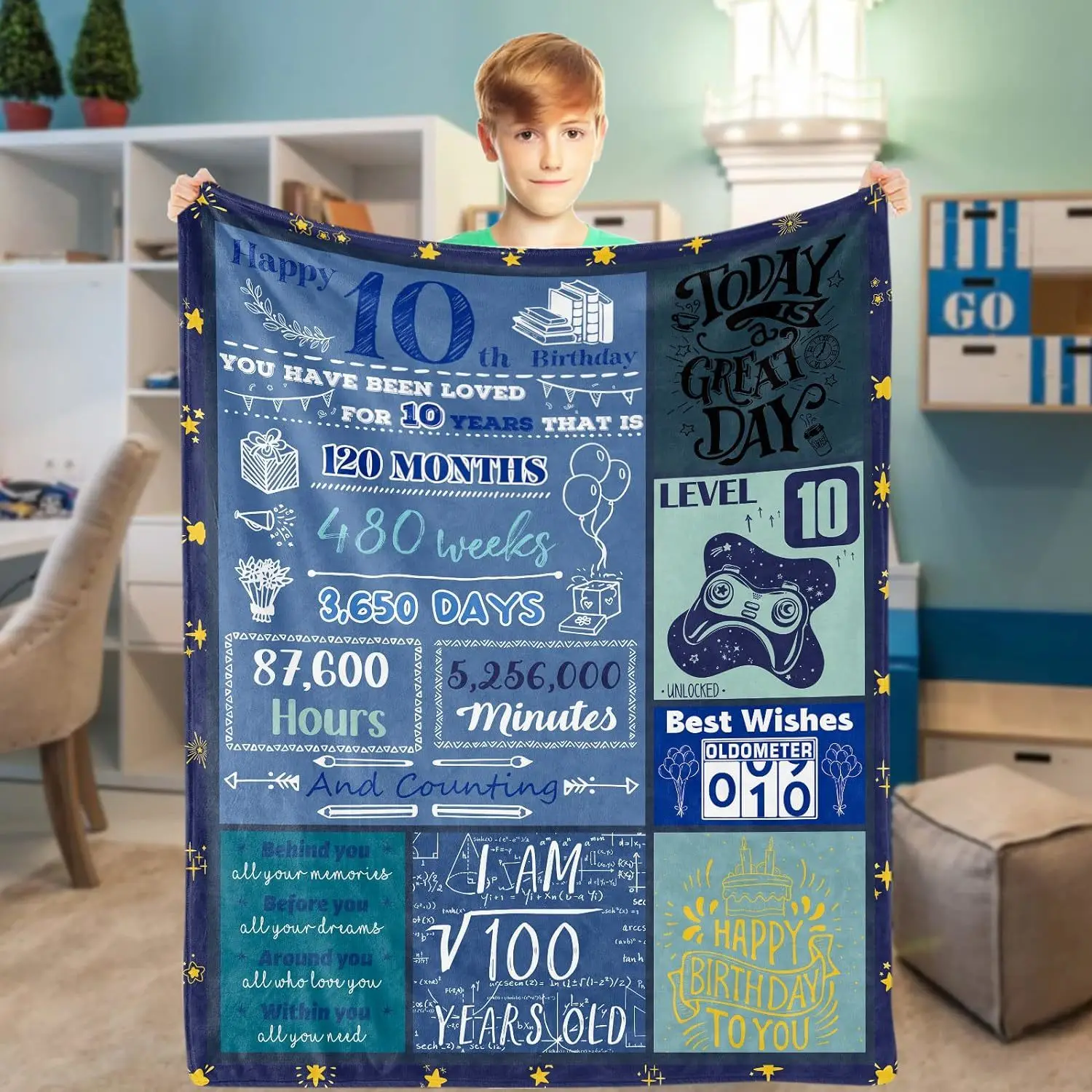 Creative birthday gift for children aged 10-15, blue happy birthday flannel blanket, creative decoration for birthday gifts