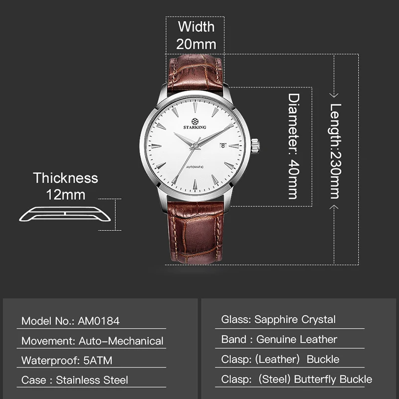 Original Starking Luxury Brand Watch Men Automatic Self-wind Stainless Steel 5atm Waterproof Business Men Wrist Watch Timepieces