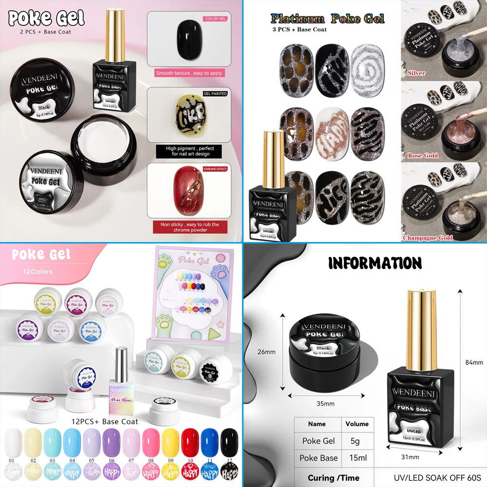 

Vendeeni Wave Texture Lace Hole Poke Poke Gel Nail Polish White Black Rainbow Painting Nail Varnish With Base Coat TPO/HEMA Free