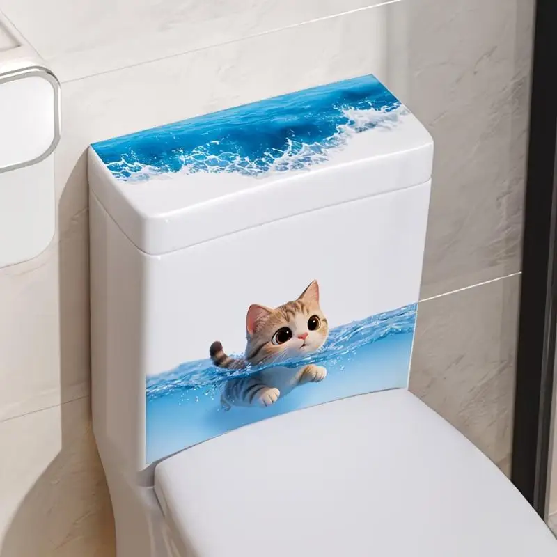 Cute Swimming Cat Toilet Sticker Waterproof Self-Adhesive Toilet Lid Special Decal for Creative Bathroom Home Decor