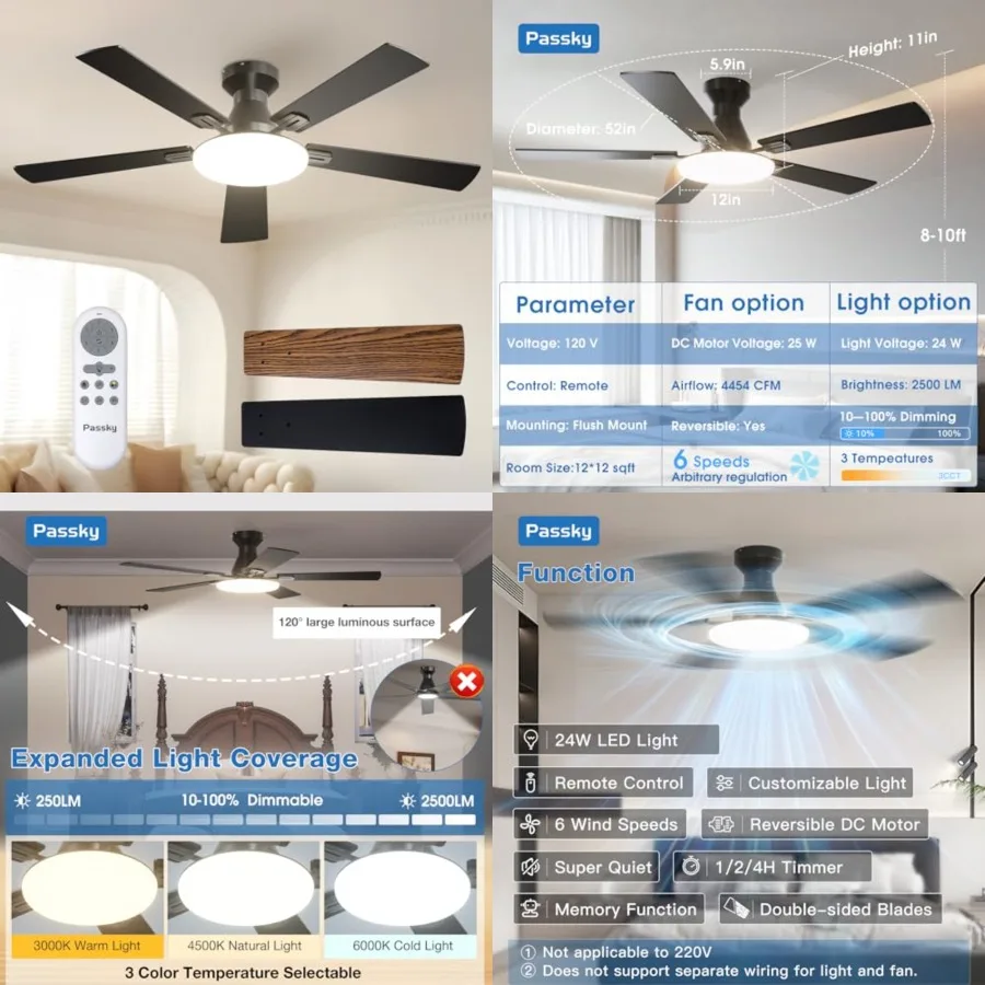

Ceilg Fans with Lights, Flush Mount Ceiling fan with Remote Control, Low Profile Ceilg Fan for Bedroom, Farmhouse, Reversible,