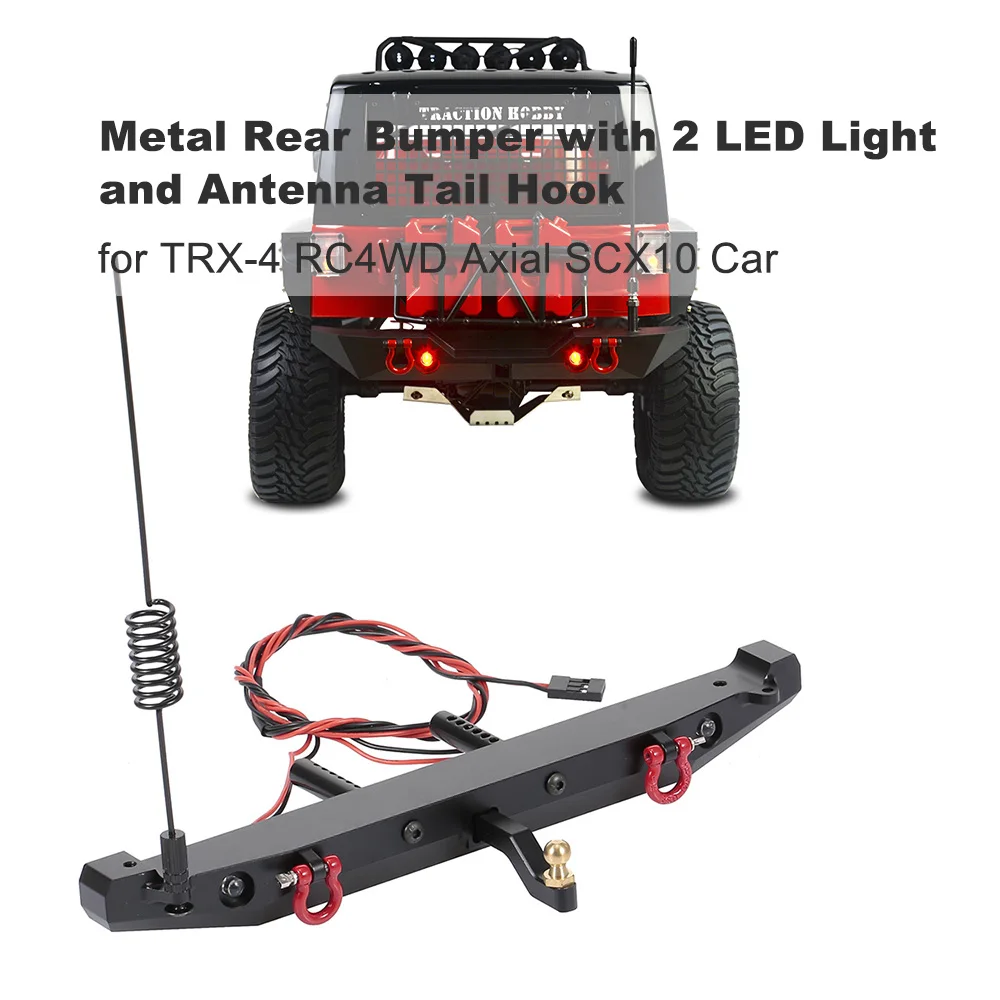 1/10 Metallstoßstange RC Heckstoßstangen mit Antenne Anhänger Heckhaken 2LED Licht Aluminiumlegierung für Scx10 RC Crawler RC Heckstoßstangen