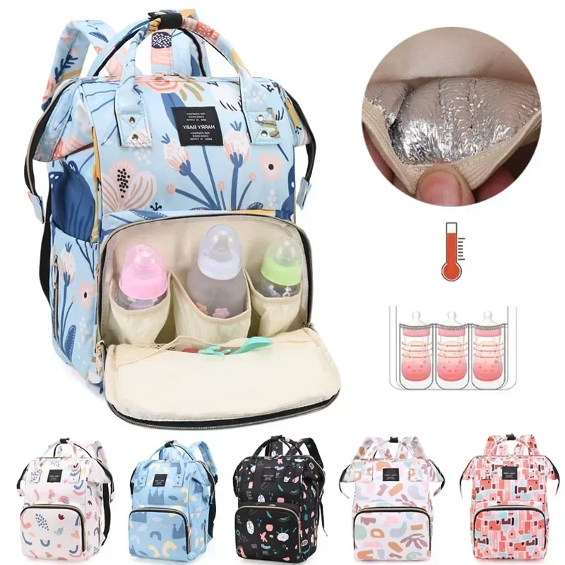 Sacos de fraldas multifuncionais para cuidados com o bebê, Mochila de fralda, Múmia Bolsa de grande capacidade para mamãe, Estampa de moda