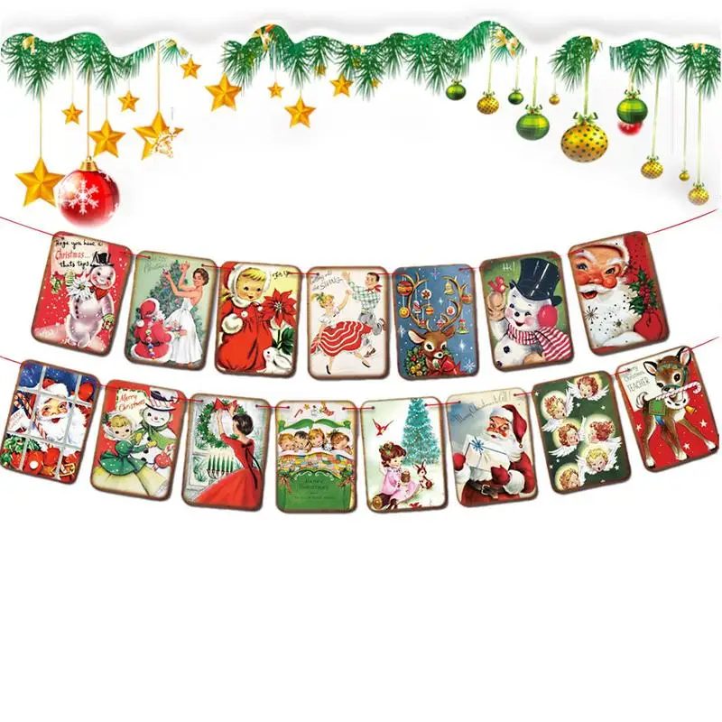 

Vintage Style Christmas Banner Christmas Retro Square Banner Snow White Santa Claus Elk Ornaments Garland Banner For Walls Doors