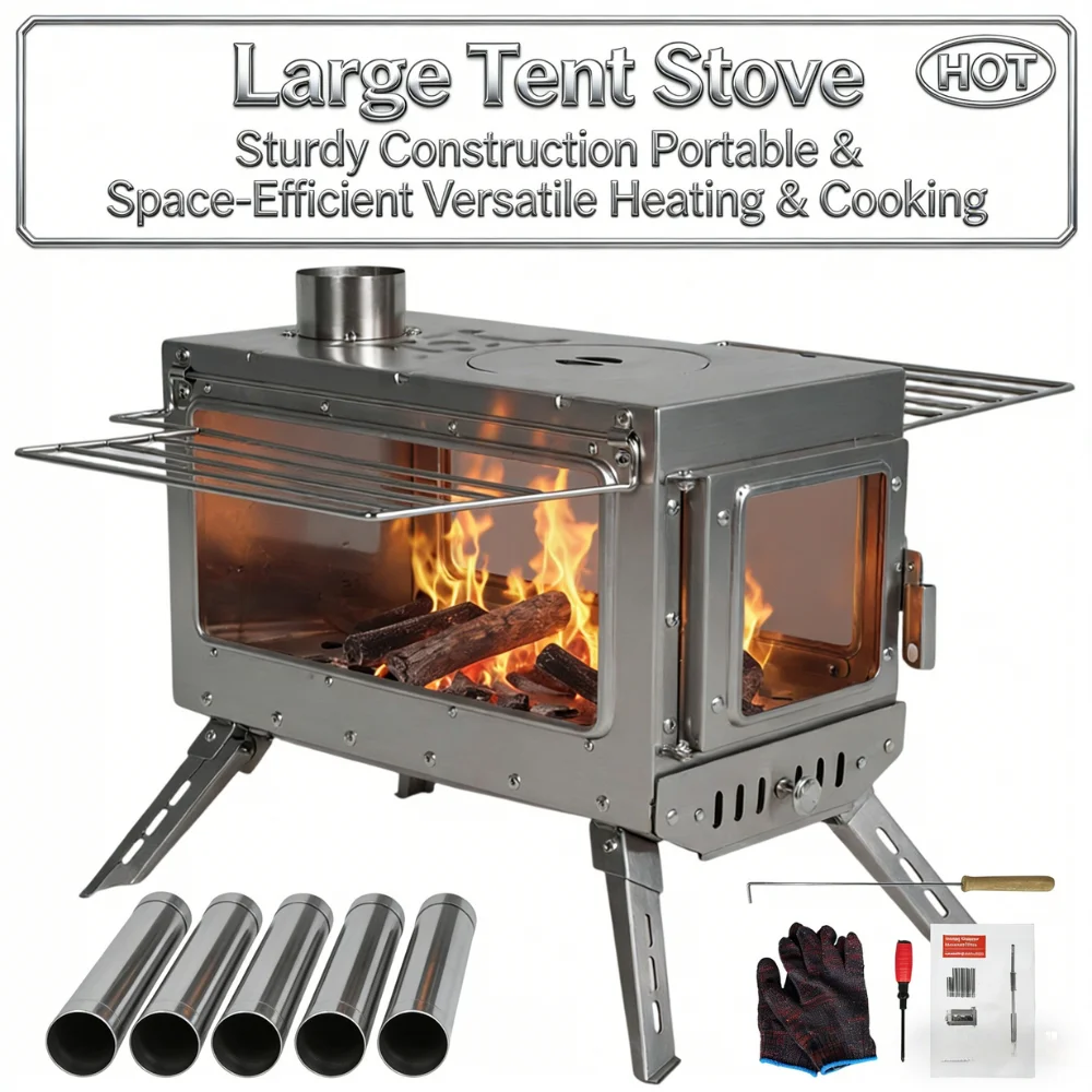 

Large Tent Stove with Chimney Pipe Stainless Steel Firebox Rust Proof Fire Viewing Wood Stove for Tents Shelters Camping
