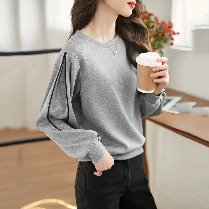 New Contrast Korean Loose Hoodies Spring Autumn Long Sleeve O-neck Solid Casual Pullovers Top Fashion Vintage Women Clothing