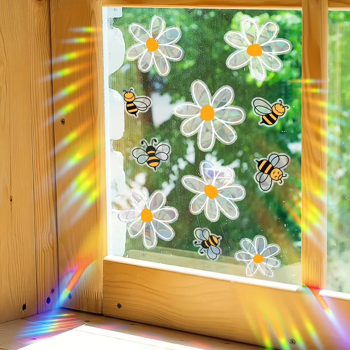 One sheet colorful bee white flowers window spring home decoration glass stickers static cling double-sided visual patte